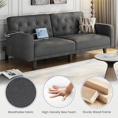 Yaheetech 63" Convertible Couch Small Futon Sofa Bed with 2 USB Ports, Reclining Backrest & Removable Armrests, Mid Century Modern Loveseat for Living Room, Apartment, Office, Dark Gray