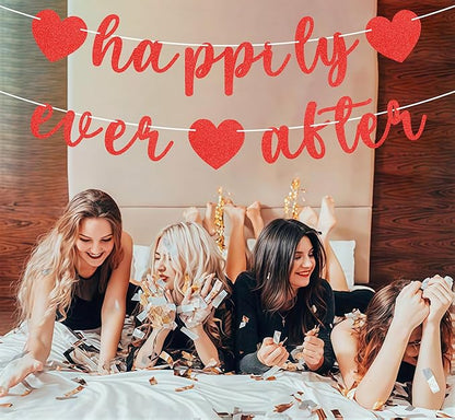 Pre-Strung Happily Ever After Banner - Red Glitter Bachelorette Bridal Engagement Party Decoration Supplies, Bachelorette Wedding Party Banner for Bridal Shower or Engagement Party Photo Booth Props