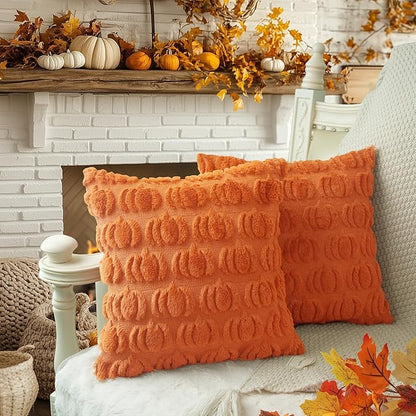 GEEORY Fall Pillow Covers 18 x 18 Inch Set of 2, Fall Decorations Pumpkins Soft Plush Fluffy Faux Fur Wool Decorative Autumn Farmhouse Cushion Case for Sofa Orange GC018-18