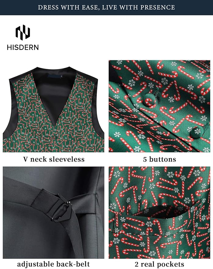 HISDERN Men's Suit Vest Christmas Holiday Season Party Jacquard Waistcoats Necktie Pocket Square Vest Suit Set