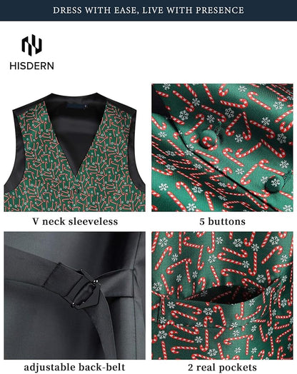 HISDERN Men's Suit Vest Christmas Holiday Season Party Jacquard Waistcoats Necktie Pocket Square Vest Suit Set
