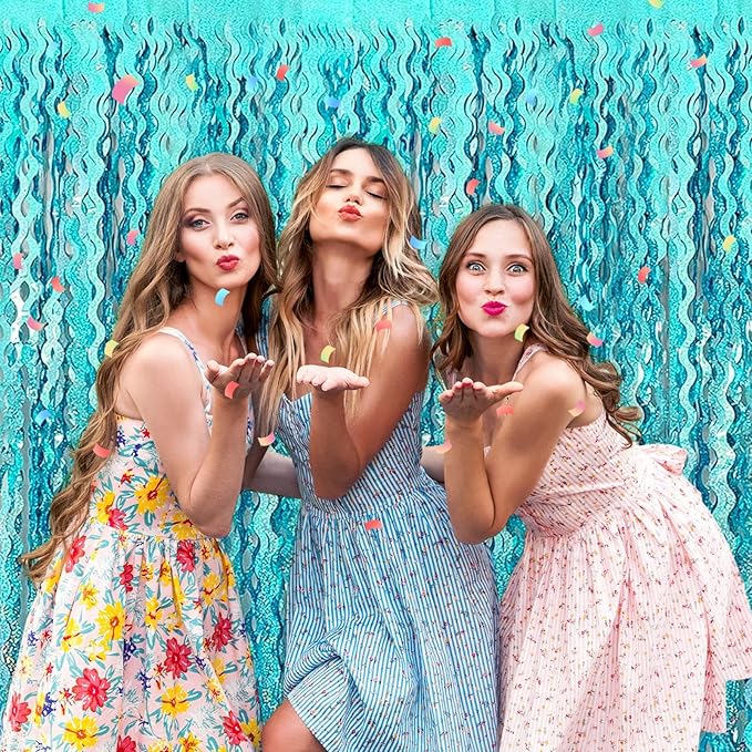 4 Pack Lake Blue Fringe Curtain Backdrop 3.2Ft x 8.2Ft Metallic Tinsel Foil Fringe Streamers Background for Photo Booth, Easter, Mother's Day, Bachelorette, Wedding, Birthday Party Decoration