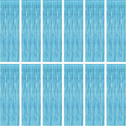 12 Pack Party Decorations, 3.28 FT x 7.05 FT Sky Blue Curtains, Metallic Party Streamers Photo Booth Backdrop Foil Fringe Curtains, Light Blue Winter Wonderland Backdrop Birthday Decor