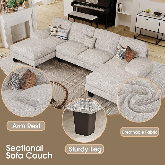 Furmax Sectional Couches for Living Room, U-Shaped Sofa Couch with Linen Fabric, 4 Seat Sofa Set with Double Chaise for Apartment (Loop Yarn, Pearl Gray)