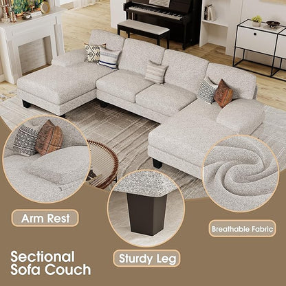 Furmax Sectional Couches for Living Room, U-Shaped Sofa Couch with Linen Fabric, 4 Seat Sofa Set with Double Chaise for Apartment (Loop Yarn, Pearl Gray)