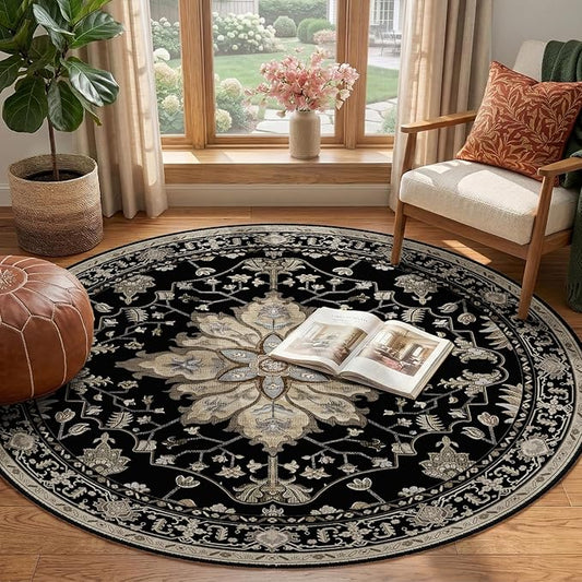 Area Rugs 4ft Washable Non-Slip, Floral Vintage Distress Print Pattern Medallion Carpet for Living Room Bedroom Dining Room, Black Brown Neutral Dark Tan