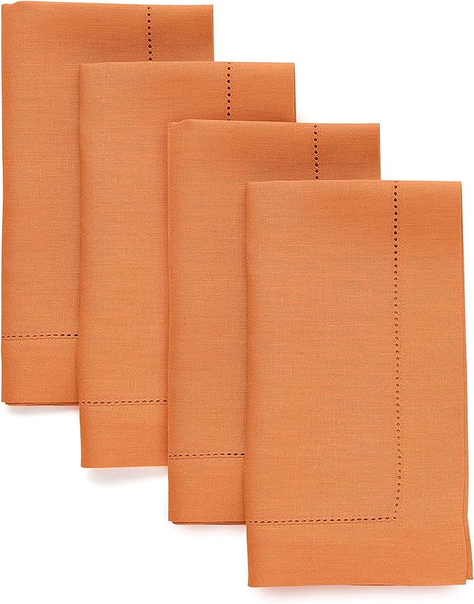 Solino Home Linen Napkins Set of 4 - Classic Hemstitch 100% Pure Linen Pumpkin Dinner Napkins Cloth 20 x 20 Inch for Fall, Autumn, Holiday - Handcrafted and Machine Washable