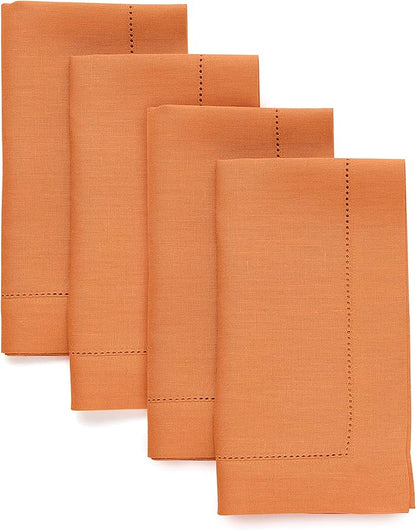 Solino Home Linen Napkins Set of 4 - Classic Hemstitch 100% Pure Linen Pumpkin Dinner Napkins Cloth 20 x 20 Inch for Fall, Autumn, Holiday - Handcrafted and Machine Washable