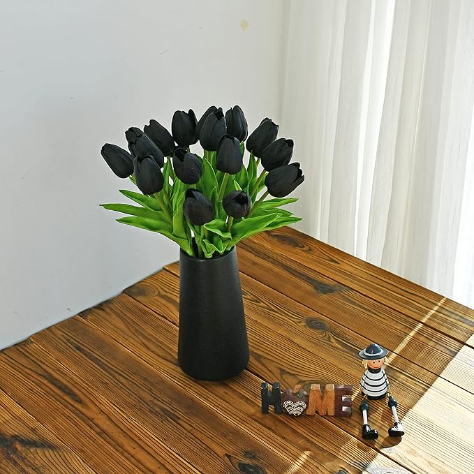 ONLY ART Artificial Black Tulips 20 Pcs – 13.5 Inch PU Faux Flowers with Bendable Stems for Home Décor, Wedding Centerpieces, DIY Floral Arrangements, Table Decorations