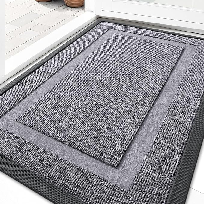 OLANLY Front Door Mat Indoor Outdoor Entrance, Waterproof All-Season, All-Weather Doormat, Sturdy Natural Rubber, Low Profile, Easy Clean Patio Porch Entryway Mat, 47x17, Classic Gray