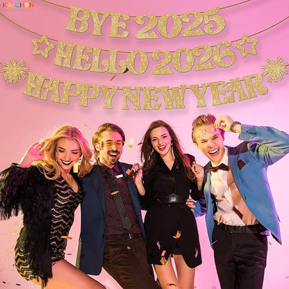 KatchOn, Glitter Gold Happy New Year Banner - 10 Feet, Bye 2025 Hello 2026 Banner | Happy New Years Decorations, Happy New Year 2026 Sign | New Years Eve Party Supplies 2026 | Nye Decorations 2026