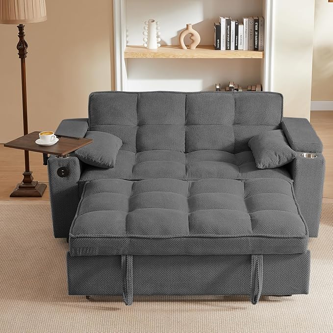 65'' 3-in-1 Folding Convertible Sofa Bed, Queen Size Pullout Sofa, Modern Chenille Fabric, 360° Swivel Side Table, Easy Assembly, Perfect for Living Room