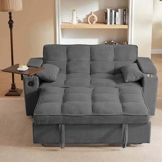 65'' 3-in-1 Folding Convertible Sofa Bed, Queen Size Pullout Sofa, Modern Chenille Fabric, 360° Swivel Side Table, Easy Assembly, Perfect for Living Room