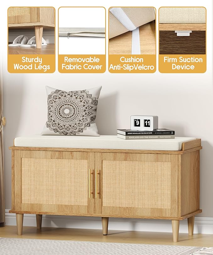 Rattan Shoe Storage Bench with Cushion, 2-Tier Entryway Bench with Adjustable Shelves and 2 Doors, 15" D x 39.4" W x 20" H, Solid Wood Legs, for Hallway, Living Room, Bedroom, Natural Oak