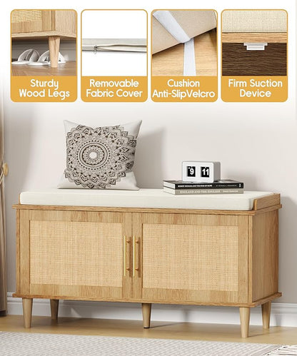 Rattan Shoe Storage Bench with Cushion, 2-Tier Entryway Bench with Adjustable Shelves and 2 Doors, 15" D x 39.4" W x 20" H, Solid Wood Legs, for Hallway, Living Room, Bedroom, Natural Oak