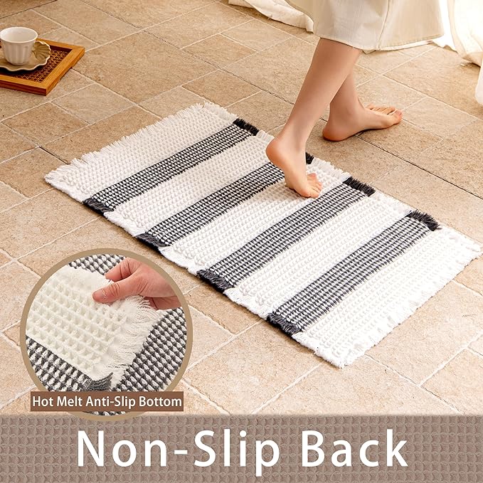 Waffle Bath Mat Non Slip, Boho Bathroom Rug, Super Absorbent Quick Dry Bathroom Mat, Soft Farmhouse Bath Rug with Tassels, Small Washable Shower Mats for Floor 20"x32", White and Black