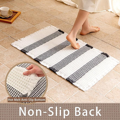 Waffle Bath Mat Non Slip, Boho Bathroom Rug, Super Absorbent Quick Dry Bathroom Mat, Soft Farmhouse Bath Rug with Tassels, Small Washable Shower Mats for Floor 16"x24", White and Black