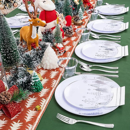 Liacere 175PCS - Silver Christmas tree Plastic Plates-Christmas and Napkins Sets Include 50 Plastic Plates,75 Silver Silverware，25 Cups 25 Napkins