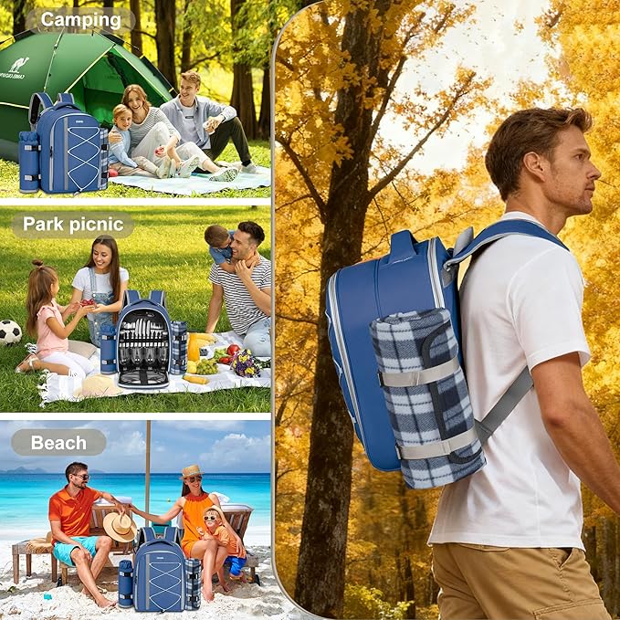 Picnic Backpack for 4 Persons with Insulated Leakproof Cooler Compartment, Cutlery Sets, Wine Holder, Fleece Blanket, Wedding Gifts for Couples, Perfect for Beach, Camping, Hiking, Blue