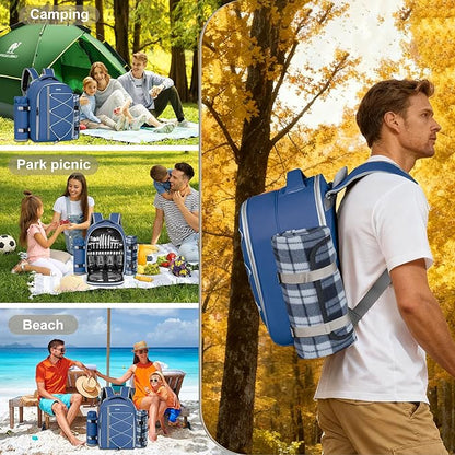 Picnic Backpack for 4 Persons with Insulated Leakproof Cooler Compartment, Cutlery Sets, Wine Holder, Fleece Blanket, Wedding Gifts for Couples, Perfect for Beach, Camping, Hiking, Blue