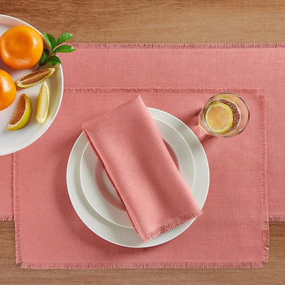 Solino Home Fringe Linen Placemats Set of 4 - Dusty Rose Placemats 14 x 19 Inch - 100% Pure Linen Table Mats
