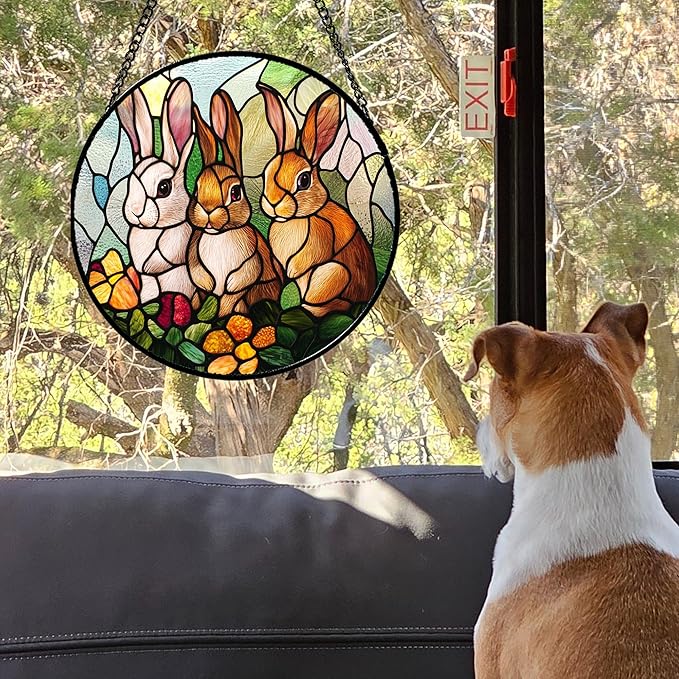 Stained Glass Window Hanging - 3 Cute Rabbits Suncatcher for Doors Garden Patio Bunny Sun Catchers Decor Christmas Mother's Day Birthday Teenager Gifts for Women Men Mom Nana Friend 9.8 in