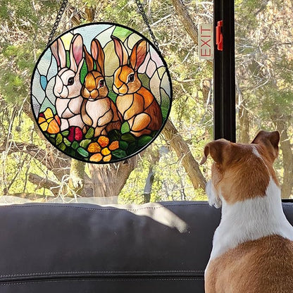 Stained Glass Window Hanging - 3 Cute Rabbits Suncatcher for Doors Garden Patio Bunny Sun Catchers Decor Christmas Mother's Day Birthday Teenager Gifts for Women Men Mom Nana Friend 9.8 in