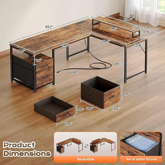 PRAISUN 55 Inch L Shaped Desk with Power Outlets and USB-C Port, Computer Corner Home Office Desk with File Fabric Drawers and Movable Monitor Stand, Larger Storage for Gaming, Study, Rustic Brown