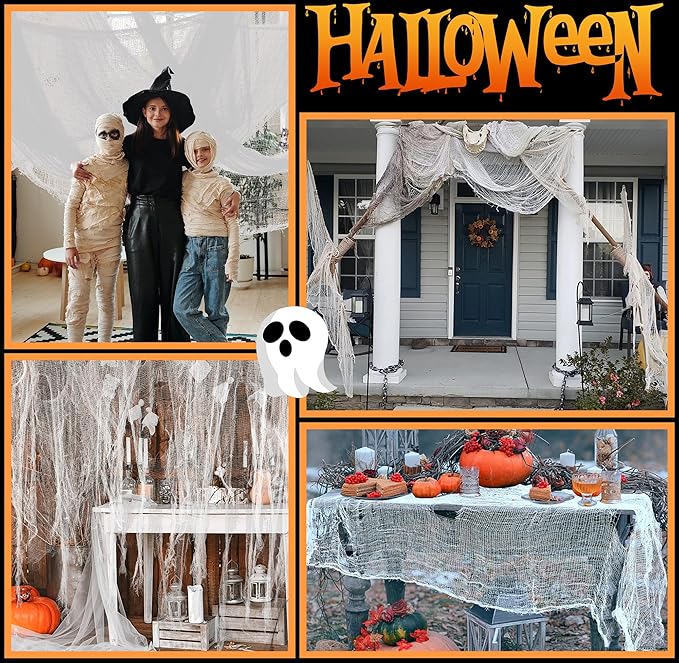 400" x 85" Halloween Creepy Cloth - Large Size Spooky Fabric - Scary Gauze Blood Creepy Cloth for Haunted House, Party, Yard, Wall, Doorway, Outdoors Decoration (White)
