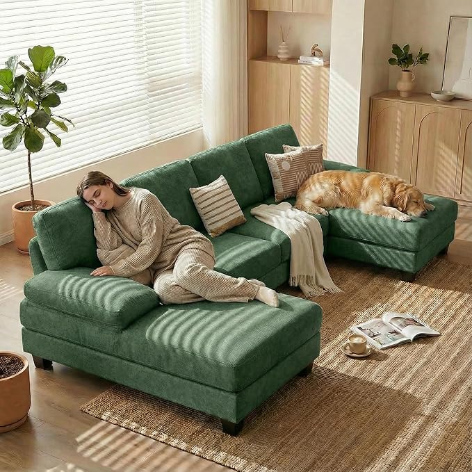 Homall Modular Sectional U Shaped Sofa Couches for Living Room, Comfy Chenille 4 Seat Sofa Set with Removable Pillows, Lounge Chaise Upholstered Couch for Apartment (Chenille, Green)