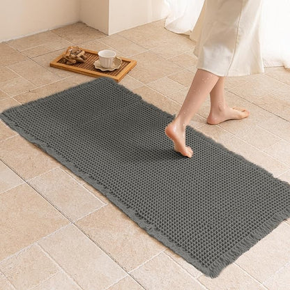 Waffle Bath Mat Non Slip, Boho Runner Rug, Super Absorbent Quick Dry Long Bath Runner Bathroom, Soft Farmhouse Bath Rug with Tassels, Washable Shower Mats for Floor 24"x48", Dark Grey