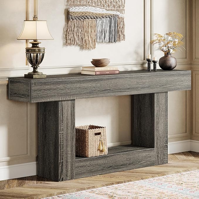 Tribesigns 63" Console Table, Farmhouse 2-Tier Entryway Table with U-Shaped Base, Narrow Long Wood Sofa Table Behind Couch Table for Living Room, Hallway, Foyer, Gray