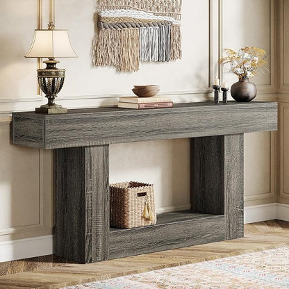 Tribesigns 63" Console Table, Farmhouse 2-Tier Entryway Table with U-Shaped Base, Narrow Long Wood Sofa Table Behind Couch Table for Living Room, Hallway, Foyer, Gray