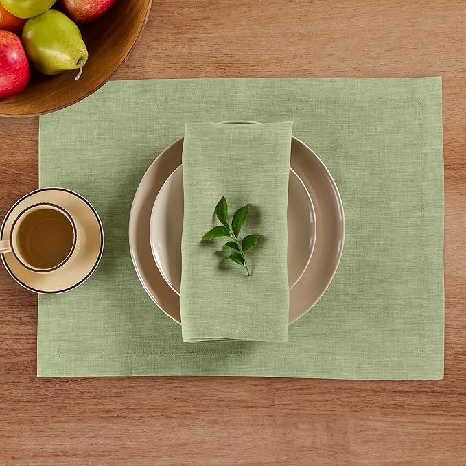 Solino Home Linen Cloth Placemats Set of 4-100% Pure Linen Chambray Olive Placemats 14 x 19 Inch for Fall, Autumn, Thanksgiving, Christmas - Athena