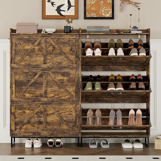 Shoe Cabinet with 3 Flip Drawers Narrow Shoe Storage Cabinet Organizer Wooden Freestanding Shoe Rack Hidden Slim Shoes Storage Cabinet for Entryway, Hallway, Living Room, Bedroom