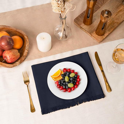 Blue Needles Handmade Cotton Linen Cloth Napkins with Fringes - Set of 6 Navy Blue Dinner Table Napkins 18x18 Inch Hemmed Edges Washable, Soft, Reusable, Perfect for Fall Thanksgiving & Family Dinner