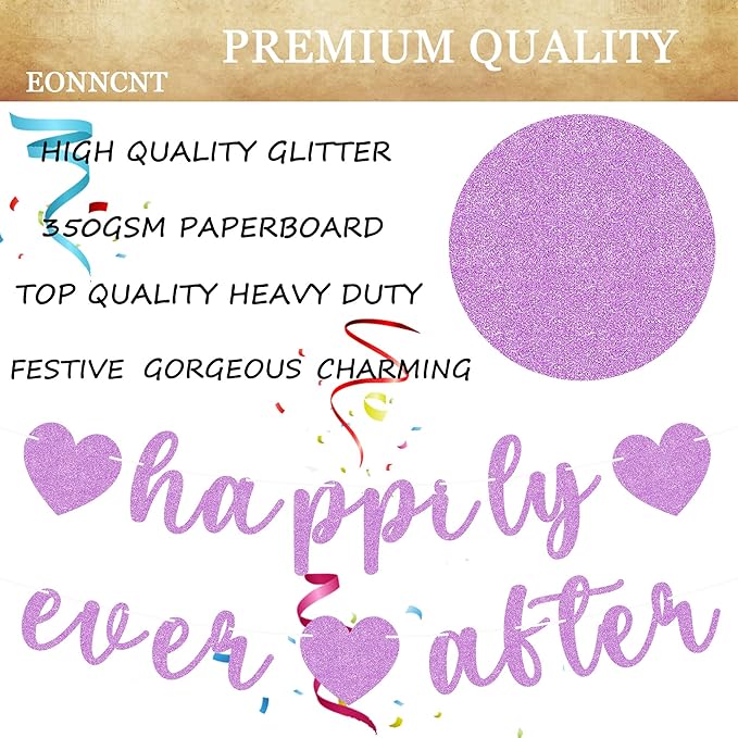 Pre-Strung Happily Ever After Banner - Purple Glitter Bachelorette Bridal Engagement Party Decoration Supplies, Bachelorette Wedding Party Banner for Engagement, Bridal Shower, Wedding Party Photo Booth Props