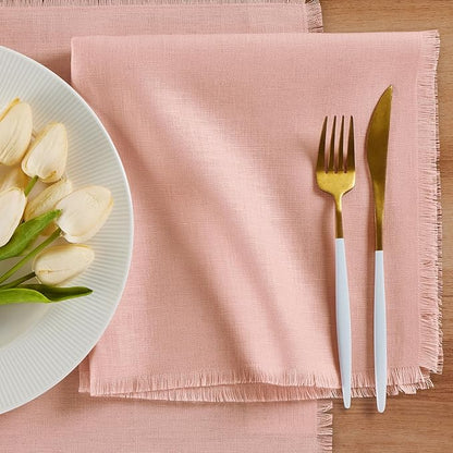 Solino Home Fringe Linen Cloth Napkins Set of 4-100% Pure Linen Misty Pink Dinner Napkins 20 x 20 Inch - Handcrafted and Machine Washable