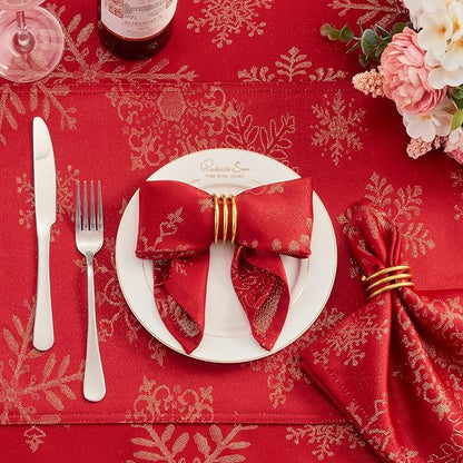 Cloth Napkins Set of 8–Square Jacquard Sparkling Metallic Snowflake Fabric Polyester Washable Reusable Cloth Napkins for Kitchen Dinner Dining Restaurant Wedding Table(Red Gold/17x17 Inch)