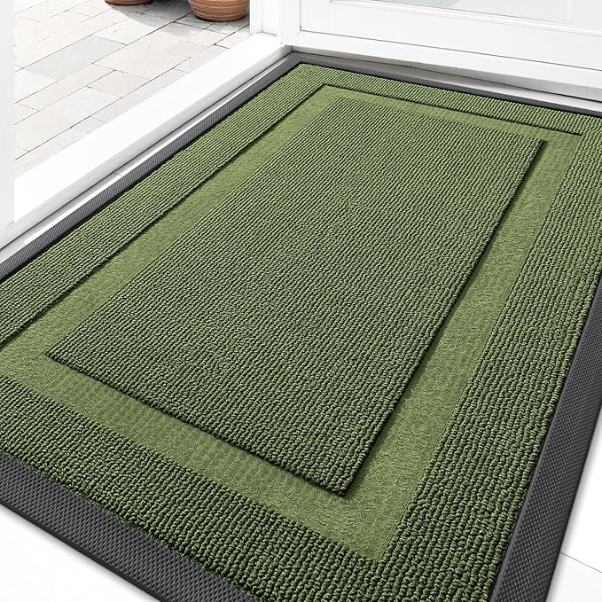 OLANLY Front Door Mat Indoor Outdoor Entrance, Waterproof All-Season, All-Weather Doormat, Sturdy Natural Rubber, Low Profile, Easy Clean Patio Porch Entryway Mat, 59x23, Classic Green