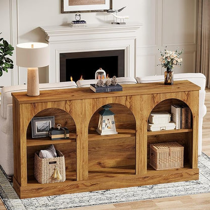 Tribesigns Farmhouse Console Table, 63-Inch Long 3-Tier Entryway Table with Storage, Wooden Rectangular Sofa Table Behind The Couch for Entrance, Hallway, Living Room, Natural Wood