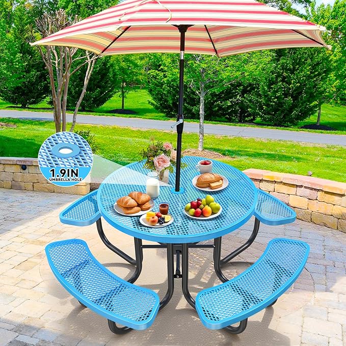 47'' Heavy-Duty Metal Picnic Tables with Umbrella Hole, Outdoor Steel Heavy Duty Commercial Grade Black Table, Outdoor Bench Set for Lawn, Patio, Park, Yard, Garden, Porch (Set C, Round)