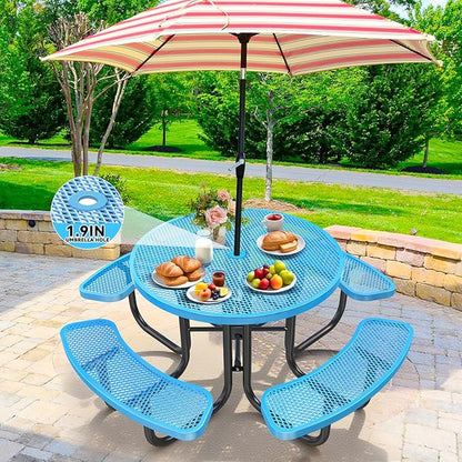 47'' Heavy-Duty Metal Picnic Tables with Umbrella Hole, Outdoor Steel Heavy Duty Commercial Grade Black Table, Outdoor Bench Set for Lawn, Patio, Park, Yard, Garden, Porch (Set C, Round)
