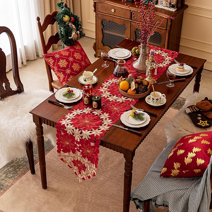 Joyfol Day Christmas Embroidered Table Runner 14 x 86 Inch, Cutwork Red Gold Poinsettia Table Runners, Winter Holiday Flowers Table Linens for Xmas Party Decorations