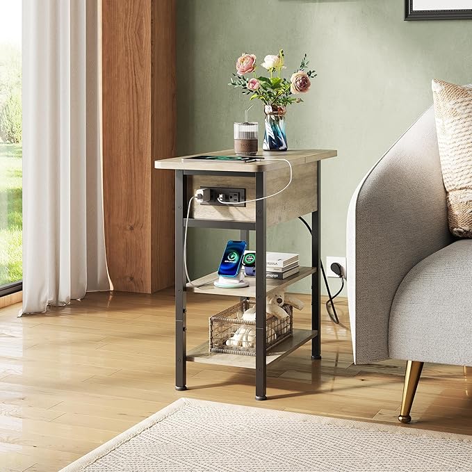 WLIVE End Table with Charging Station, Flip Top Narrow Side Table with Storage Shelf, Small Nightstand with USB Ports and Outlets,Bedside Table for Living Room, Bedroom,11.81" D x 23.62" W x 24.33" H