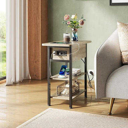 WLIVE End Table with Charging Station, Flip Top Narrow Side Table with Storage Shelf, Small Nightstand with USB Ports and Outlets,Bedside Table for Living Room, Bedroom,11.81" D x 23.62" W x 24.33" H