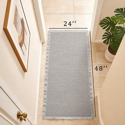 Waffle Bath Mat Non Slip, Boho Runner Rug, Super Absorbent Quick Dry Long Bath Runner Bathroom, Soft Farmhouse Bath Rug with Tassels, Washable Shower Mats for Floor 24"x48", Light Grey