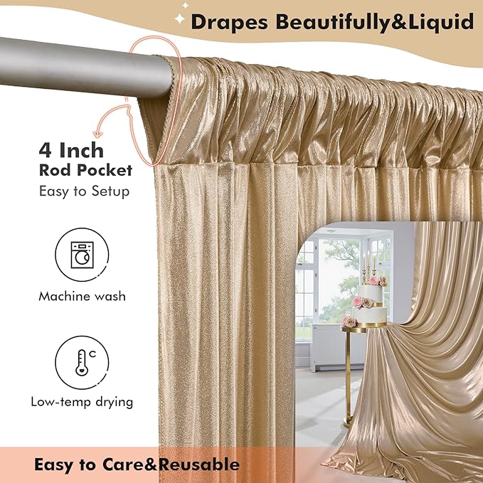 10ftx10ft Champagne Gold Sequin Backdrop Curtain for Wedding Parties, 2 Panels 5x10ft Thick Wrinkle Free Shimmer Glitter Photo Backdrop Drapes Curtains for Birthday Photography Background Cloth