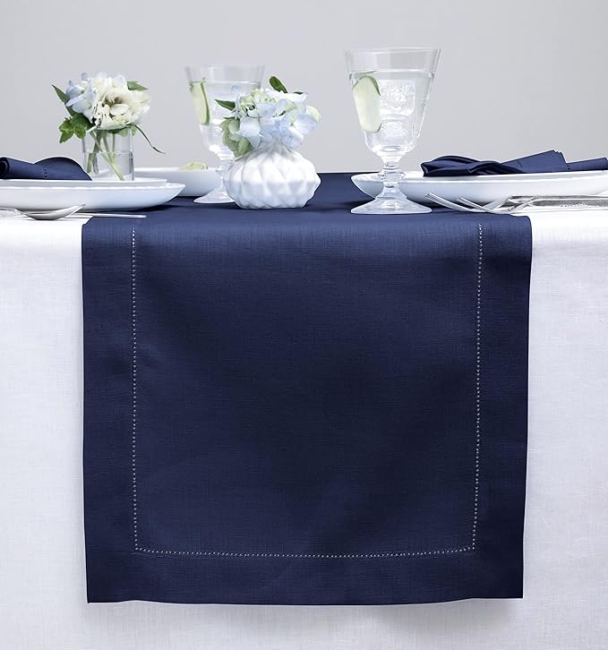 Solino Home Linen Navy Blue Table Runner 48 Inches - Classic Hemstitch, 100% Pure Linen Coffee Table Runner 14 x 48 Inch Ideal for Dresser Tables - Fall, Thanksgiving, Christmas, Holiday