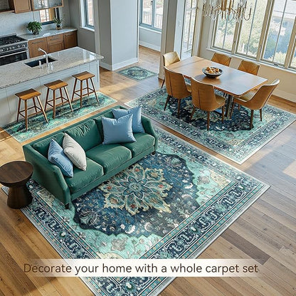 Area Rugs 5'x7' Washable Non-Slip, Floral Vintage Distress Print Pattern Medallion Carpet for Living Room Bedroom Dining Room, Teal Green Lake Blue Turquoise